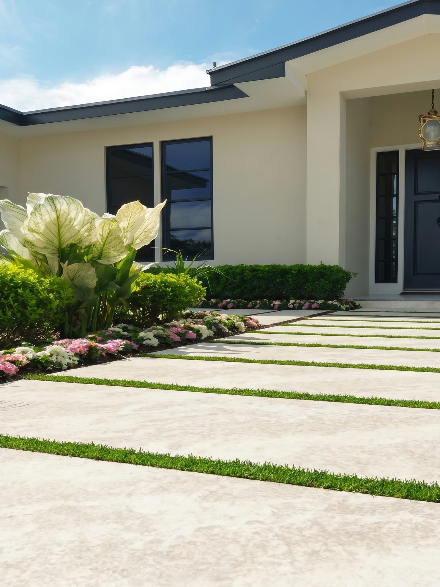 Walkway set in grass using 20mm sintered stone pavers in color 6603, an ivory travertine look